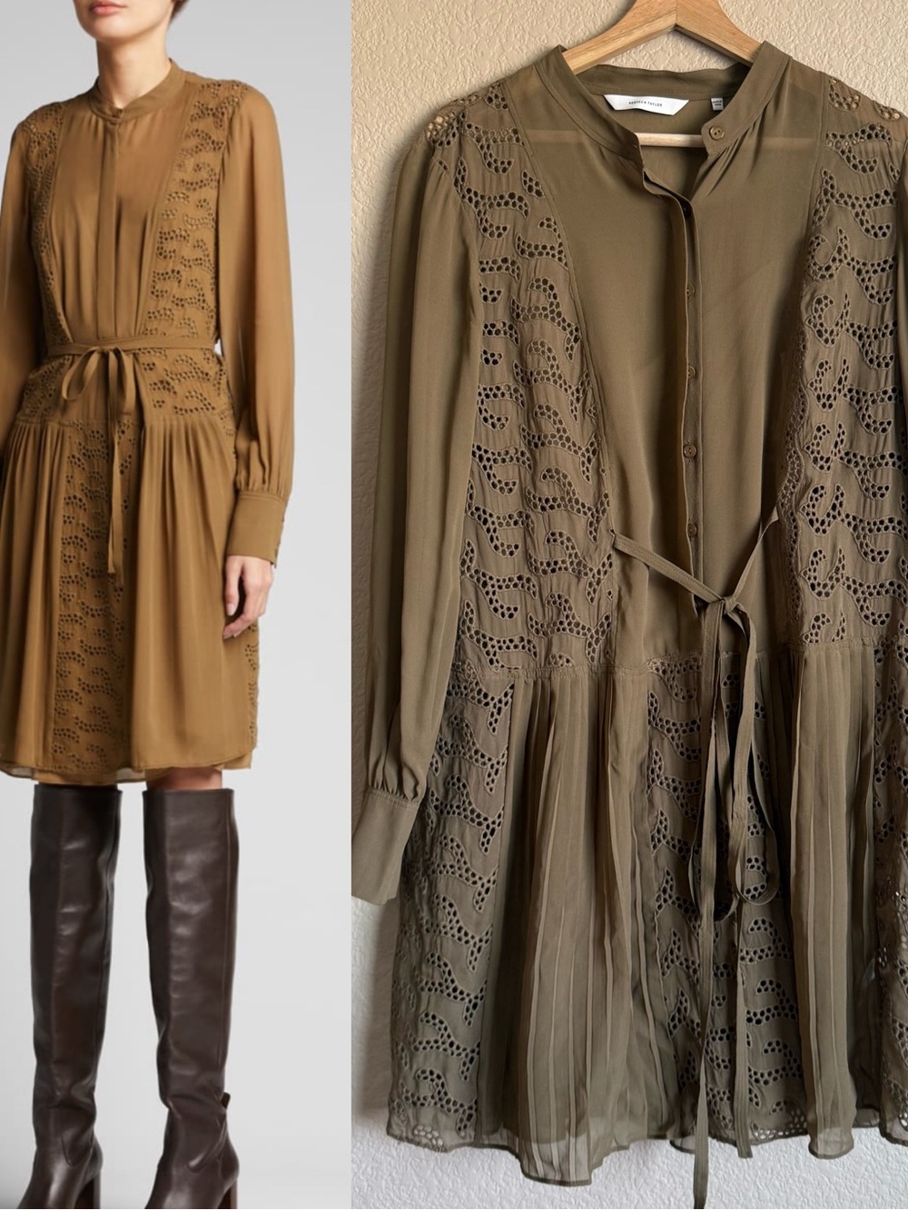 Rebecca Taylor 100% Silk Sarafina Olive Eyelet Tie-Waist Long Sleeve Dress Sz 12